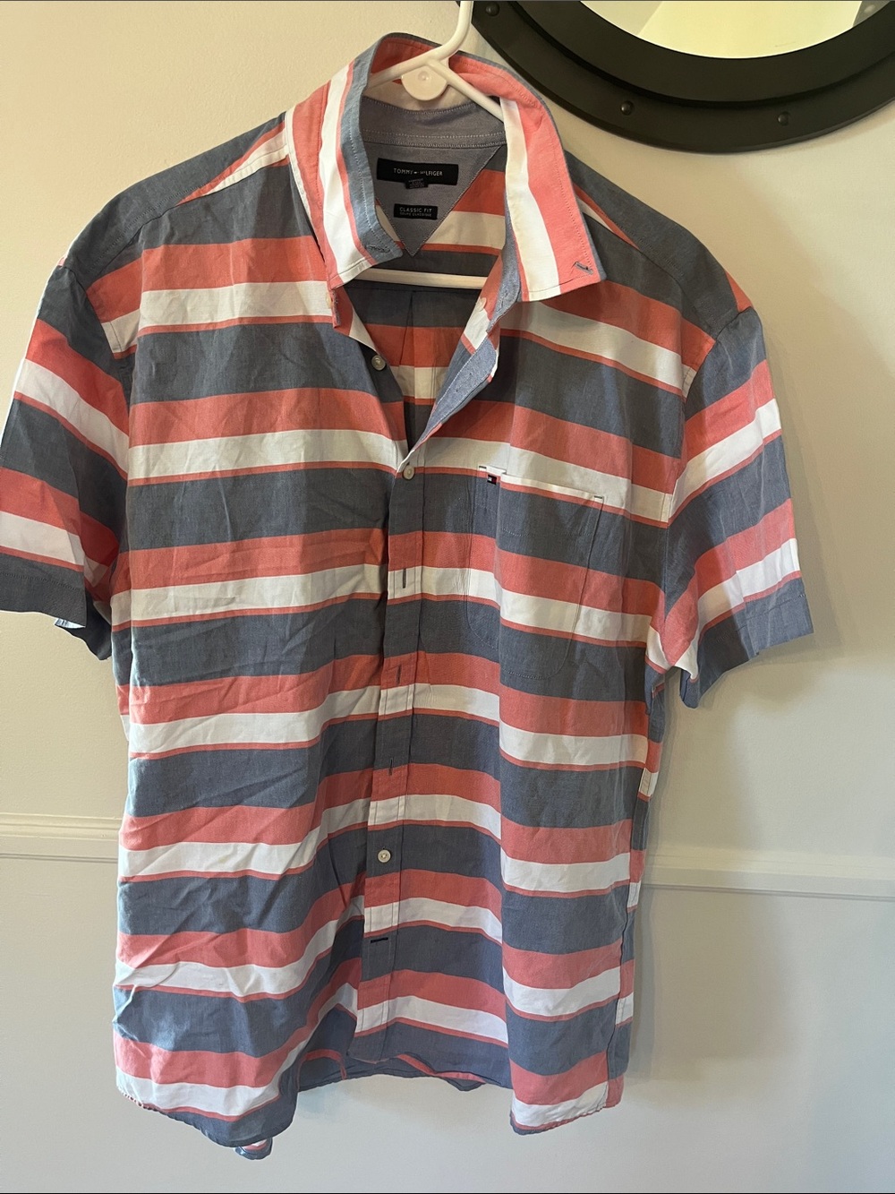 Tommy Hilfiger Men’s Short Sleeve Stripe Shirt - Coral, Blue & White